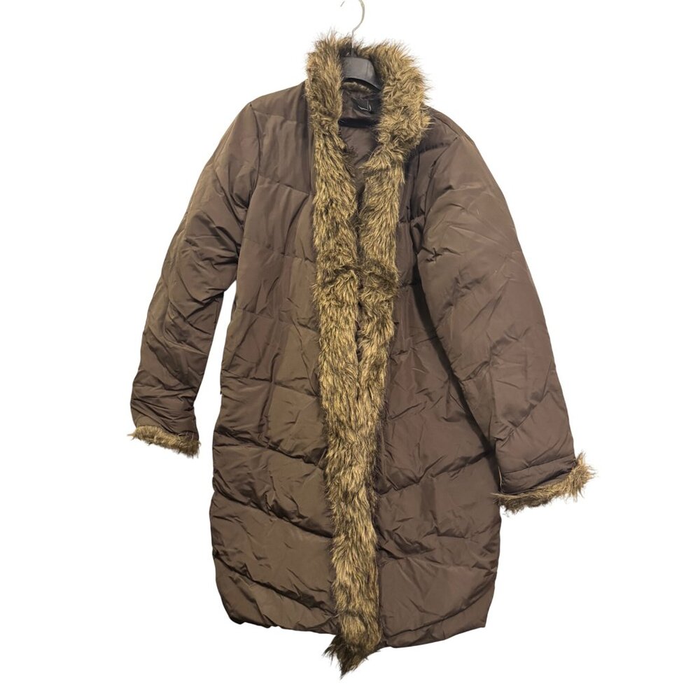 Moda International Down Jacket Womens Large Brown Faux Fur Accents Warm Winter C